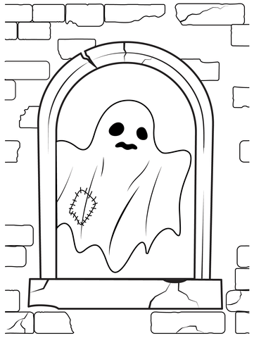 Halloween Ghost At The Window Of The Haunted House Coloring Page